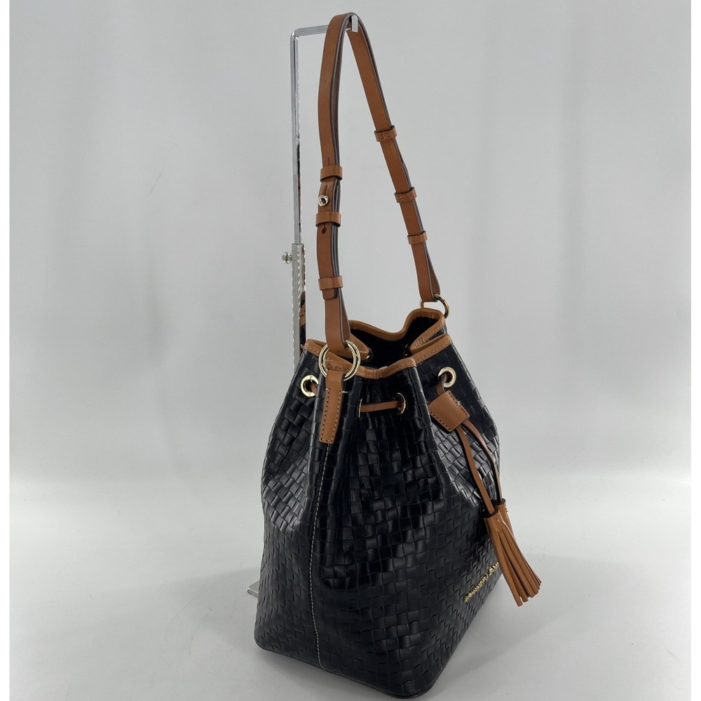 Dooney & Bourke Drawstring Bag Woven Look Embossed Leather Black & Caramel Trim - Picture 5 of 16